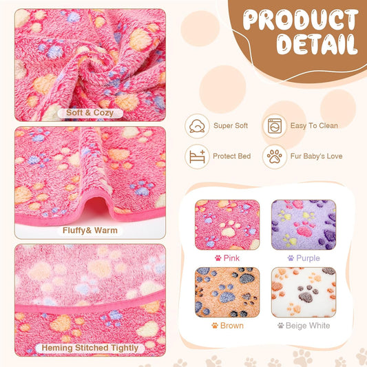 Tatuo 4 Pcs Fleece Dog Blankets for Puppy Cat, Mixed, 24 x 16 in, Paw