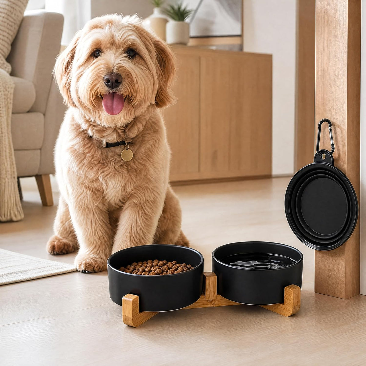 Petygooing Ceramic Dog Cat Bowls Set with Stand,Black Pet Food and Water Bowl,Small Dog Bowls Cute Modern Anti Slip Set of 2 Pet Feeder Small Size Pet Dish(13.5OZ/5.1 in)