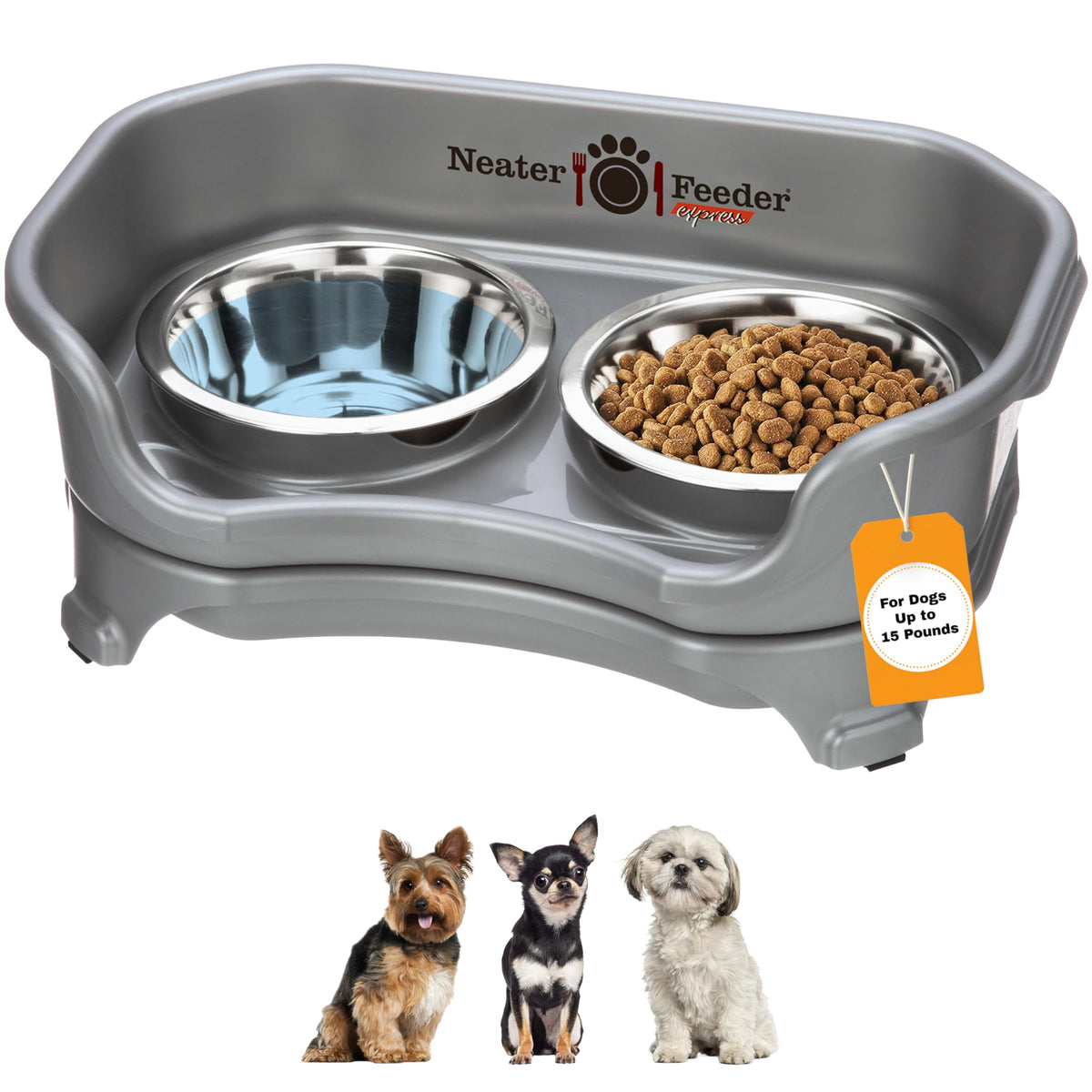 Neater Feeder Express Mess Proof Cat Bowls Elevated, No Spill Feeding Station, Stainless Steel Dishes for Food and Water, Raised Bowls for Indoor Cats, No Fatigue Whisker Friendly Dish, Grey