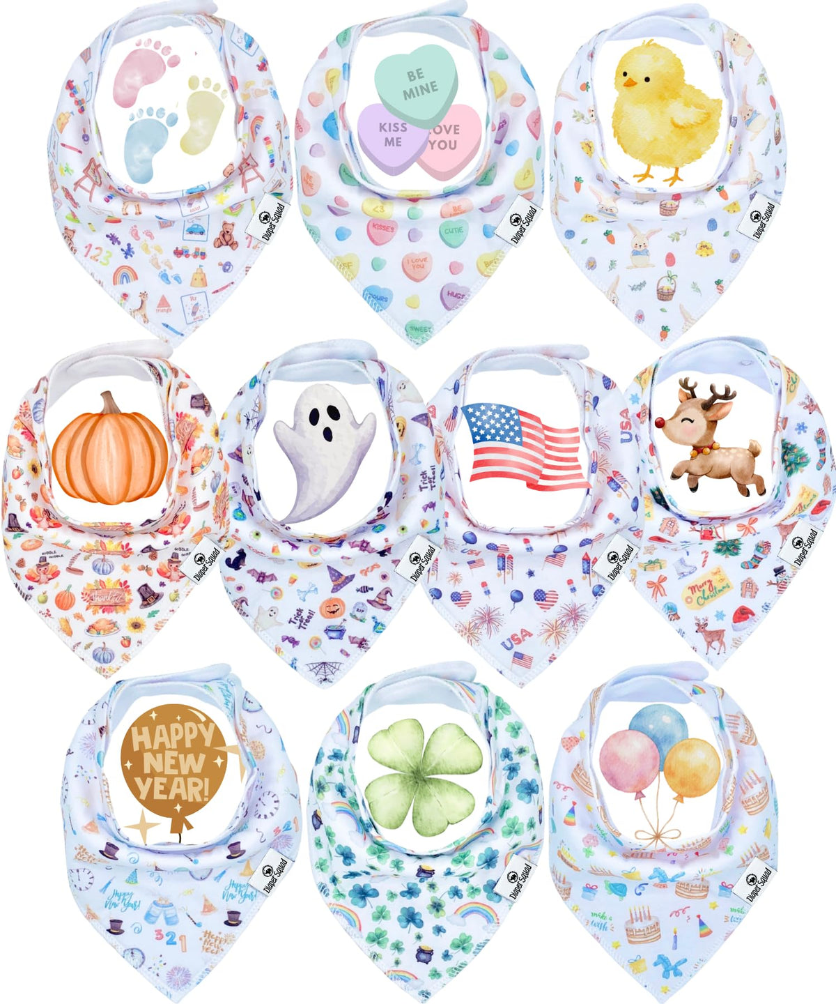 Diaper Squad 10-Pack Organic Cotton Baby Bibs for Baby Boy, Girl
