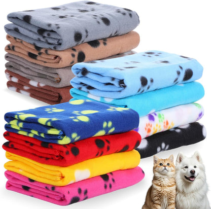 12 Pcs Puppy Blanket Warm Felt Throw Sleep Mat, 28.3 x 24 Inch Soft Fluffy Fleece Pet Blankets with Paw Print for Dogs Cats Small Animals