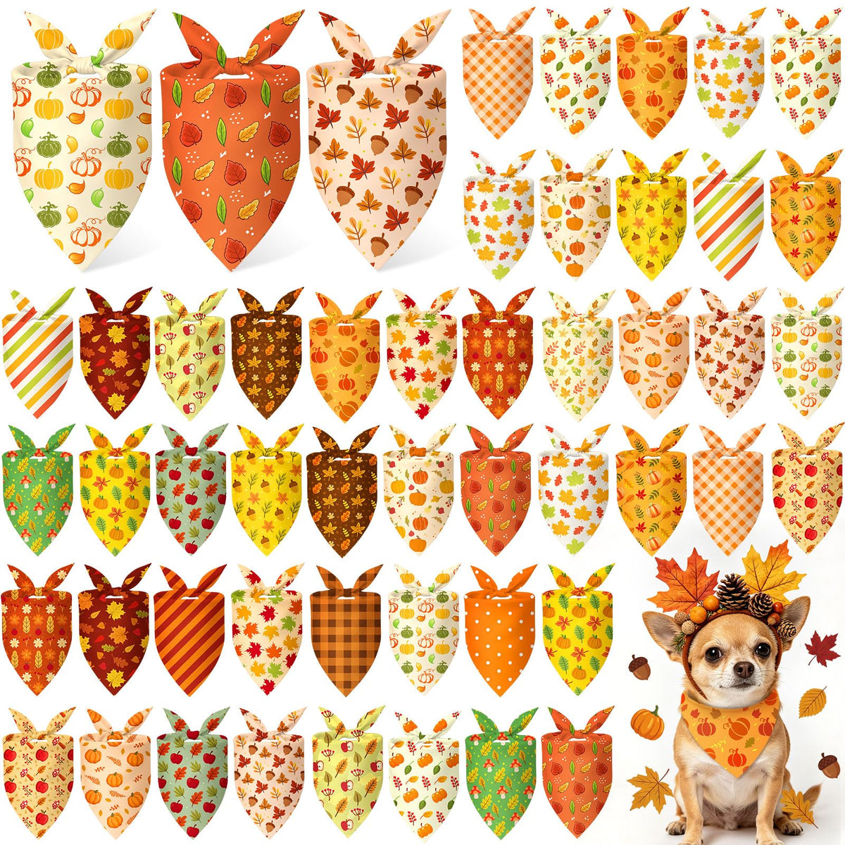 50 Pcs Fall Plaid Dog Bandanas Bulk Autumn Gingham Check Pattern