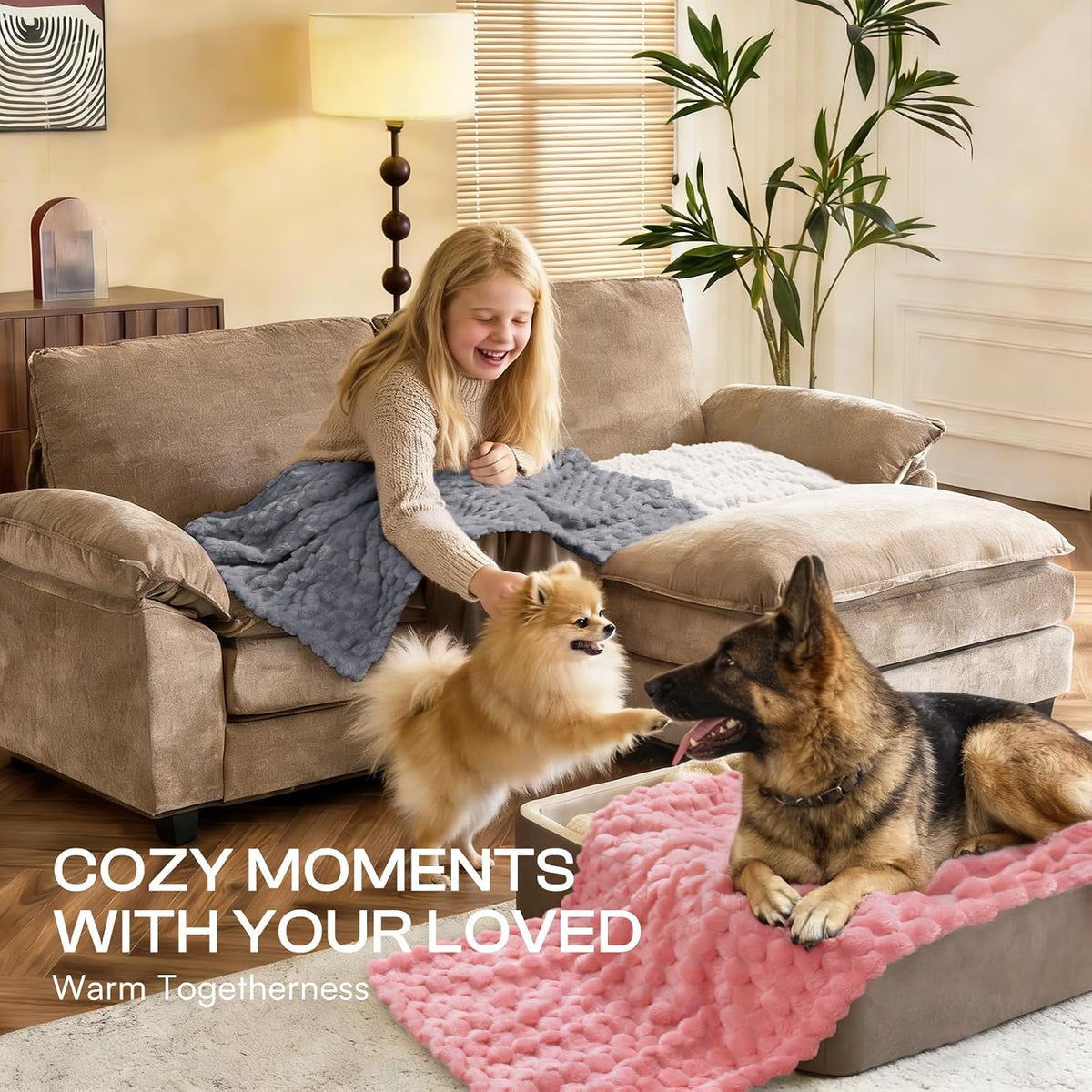 Luciphia 300GSM Fleece Dog Blanket Washable Soft Pcs3-Grey/White/Pink, S