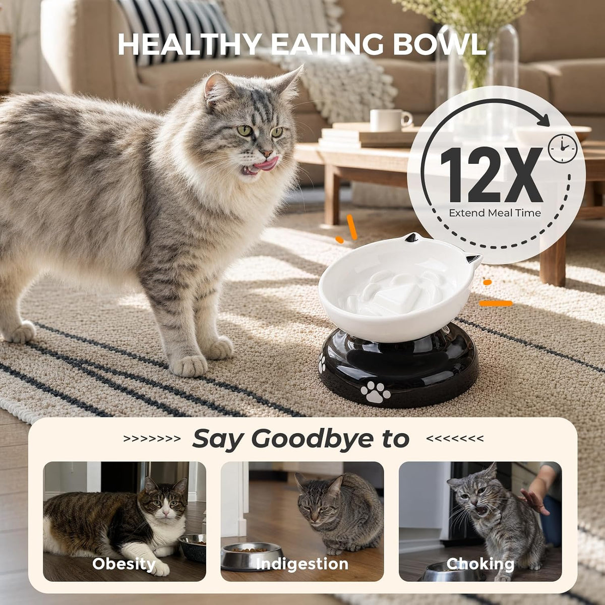 Y YHY Ceramic Cat Slow Feeder, Elevated Dog Food Bowl Tilted Design, Slow Feeder Bowl no Black Chin, Cat Shape for Dry and Wet Food