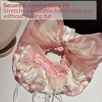 Sweet Lace & Satin Pet Bib, Princess Style Heavy-Duty Bandana with Bow & Floral Accents, Cute Collar for Cats & Small Dogs (Pink&White)