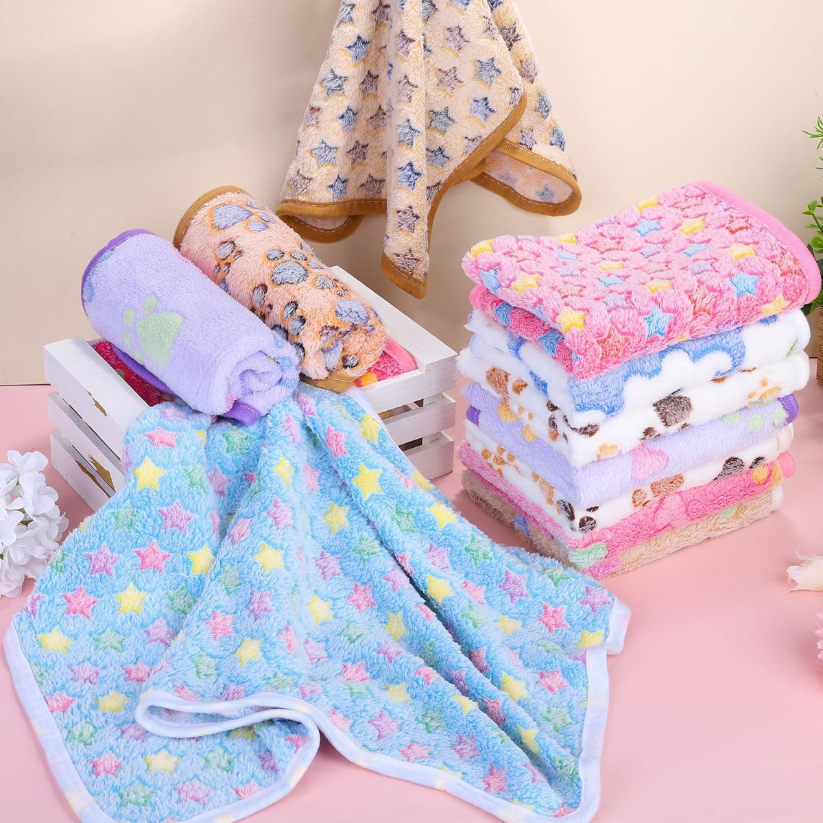 MCEAST 24 Pack Paw Print Plush Pet Blankets 24 x 16 Ultra-Soft & Cozy Small Dog Cat Bedding Mats with 12 Stylish Designs Machine Washable Multipurpose Fluffy Throw for Kennel, Sofa, Travel