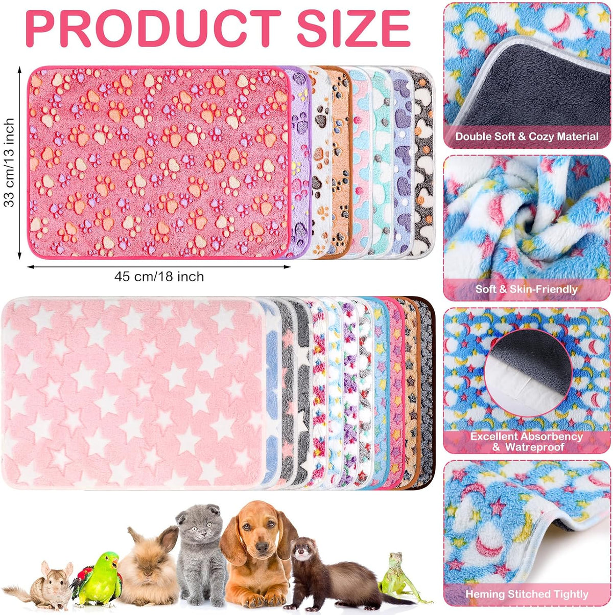 Newwiee 20 Pcs Waterproof Small Pet Fleece Blanket Bulk Washable Small Animal Cage Bedding Guinea Pig Puppy Dog Cat Pee Pad Liner Accessories(Assorted,18 x 13 Inch)