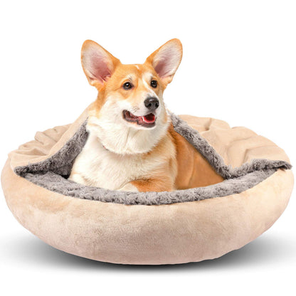 GASUR Dog Beds for Small Medium Dogs with Hooded Blanket, Cozy Cuddler Luxury Puppy Pet Bed with Blanket Attached, Donut Round Calming Anti-Anxiety Dog Burrow Cave Bed, Machine Washable 26 inch