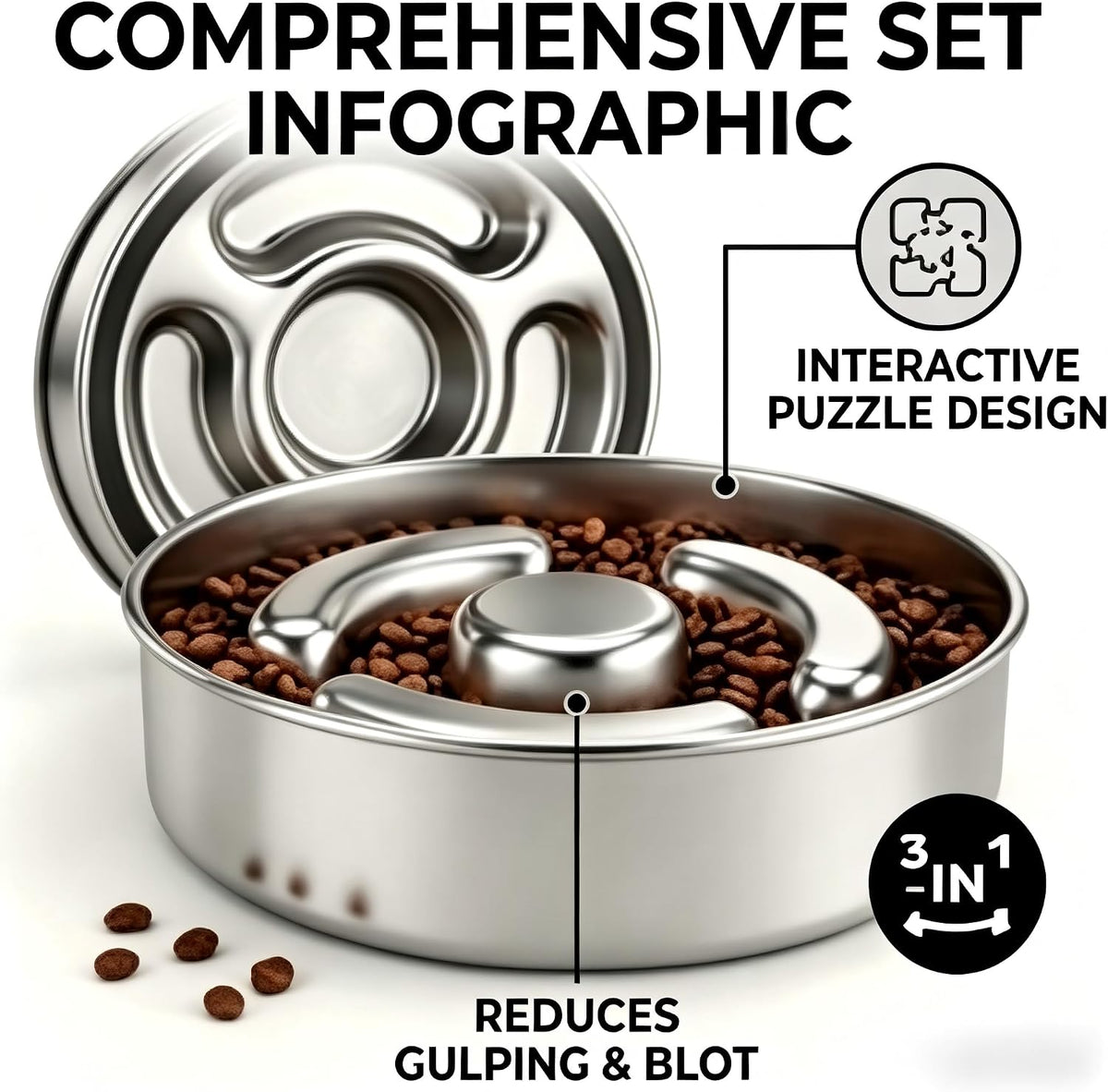 AIPERRO Slow Feeder Dog Bowl Stainless Steel, Metal Non-Slip Dog Food Bowls
