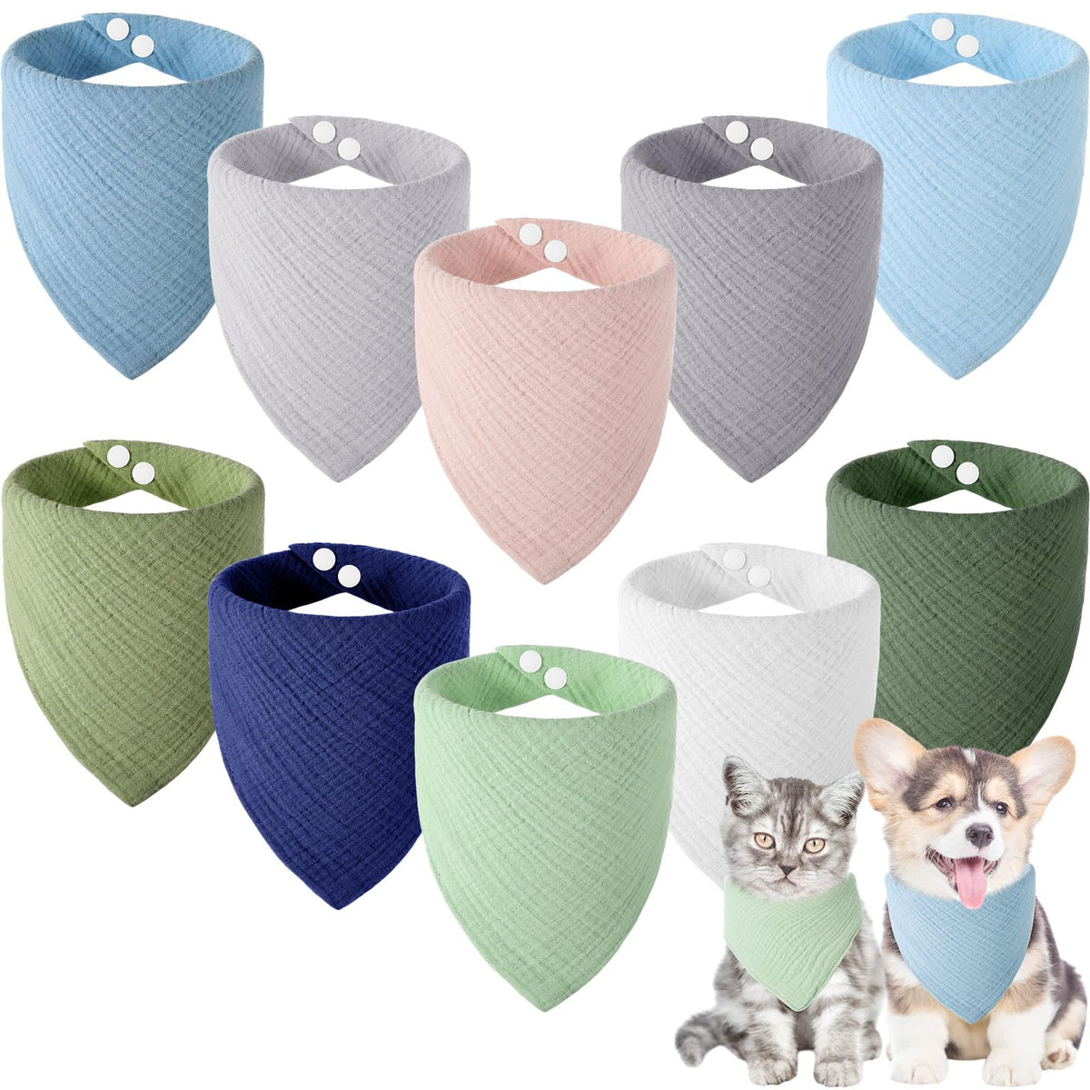 10 Pcs Muslin Cotton Triangle Dog Bandanas Reversible Pet Bibs Scarf Dog Scarves with Two Snaps Apparel Accessories Kerchief for Small to Medium Puppy Cat(Light & Bright Color)
