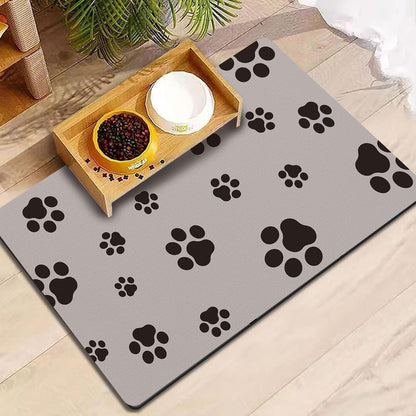 18"×30" Dog Food Mat-Absorbent Dog Mat for Food and Water, No Stains Quick Dry Cat Food Bowl Mat with Footprints for Messy Drinkers,Dark Grey