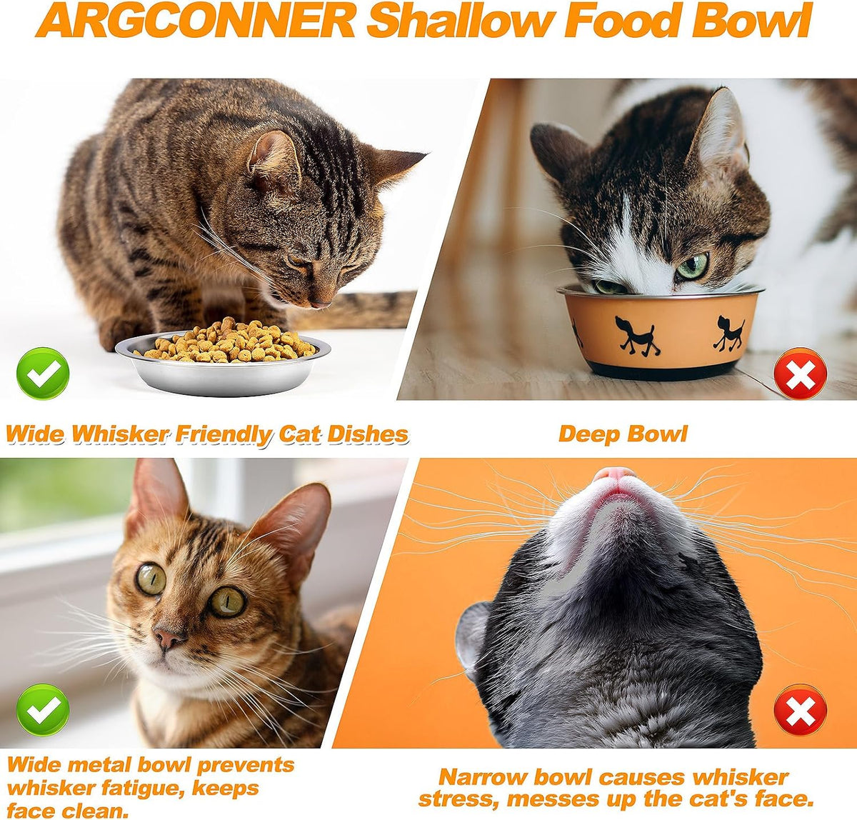 6 Pcs Stainless Steel Cat Bowls, Metal Shallow Cat Bowls Whisker Friendly