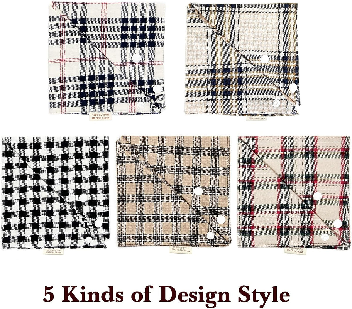 5PCS Dog Bandanas with Button - Thick Triangle Bibs Dual Layer Soft Cotton Scarves for Small Medium Boy Girl Puppy Cat Pet Baby Square Plaid Printing Washable Kerchief Halloween Costumes Outfits