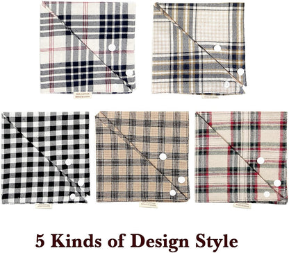 5PCS Dog Bandanas with Button - Thick Triangle Bibs Dual Layer Soft Cotton Scarves for Small Medium Boy Girl Puppy Cat Pet Baby Square Plaid Printing Washable Kerchief Halloween Costumes Outfits