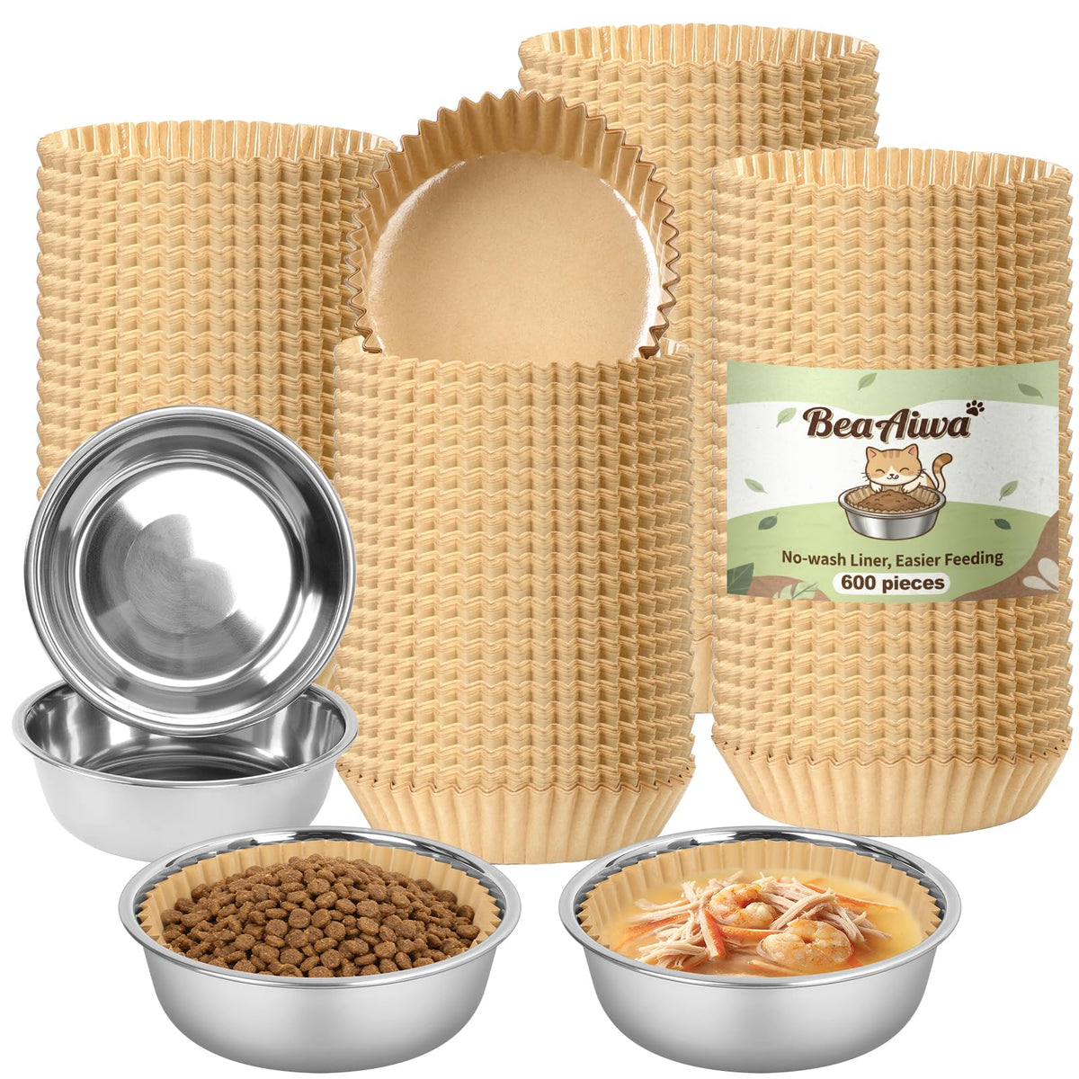Cat Bowl Set (300 Disposable Pet Bowl Liners with 2 Stainless Steel Bowls)