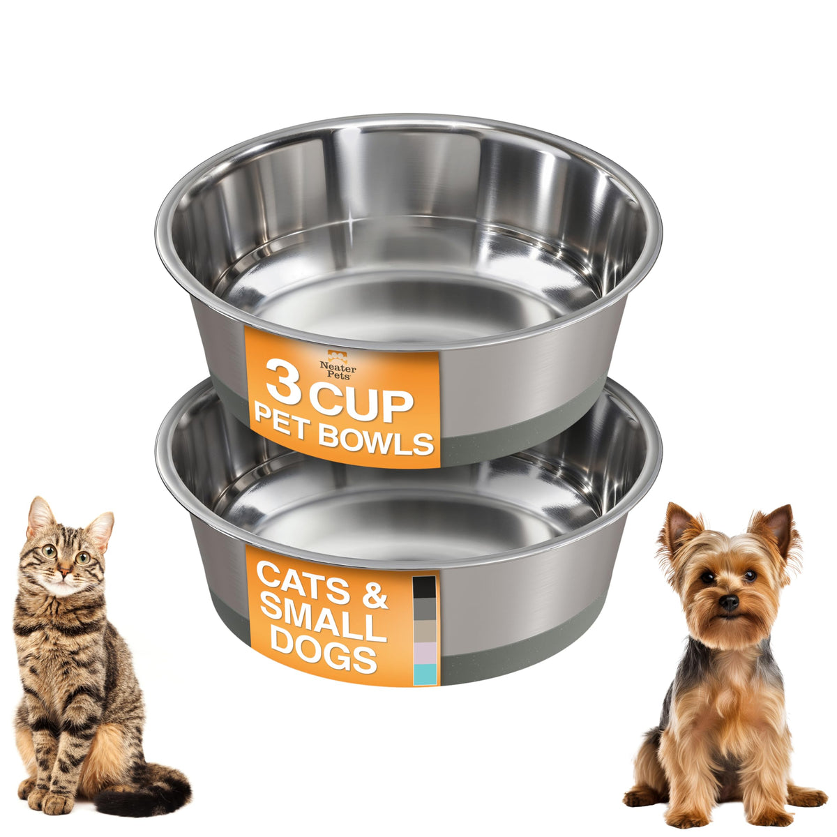 Neater Pet Brands Stainless Steel Dog Bowls with Non-Slip Rubber Bottom – 2 Cup (16 oz), Black - Set of 2 Heavy Duty Metal Dog Bowls, Dishwasher Safe, Food or Water Bowl, Ideal for Small Dogs & Cats