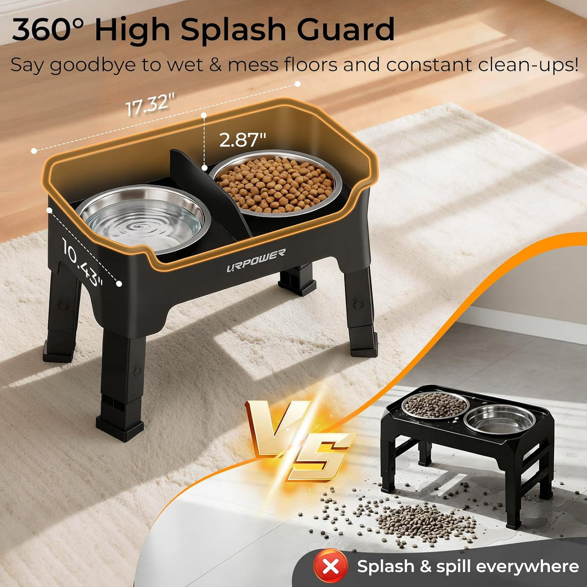 URPOWER Mess Proof Elevated Dog Bowls, Splash Guard Raised Bowl Stand
