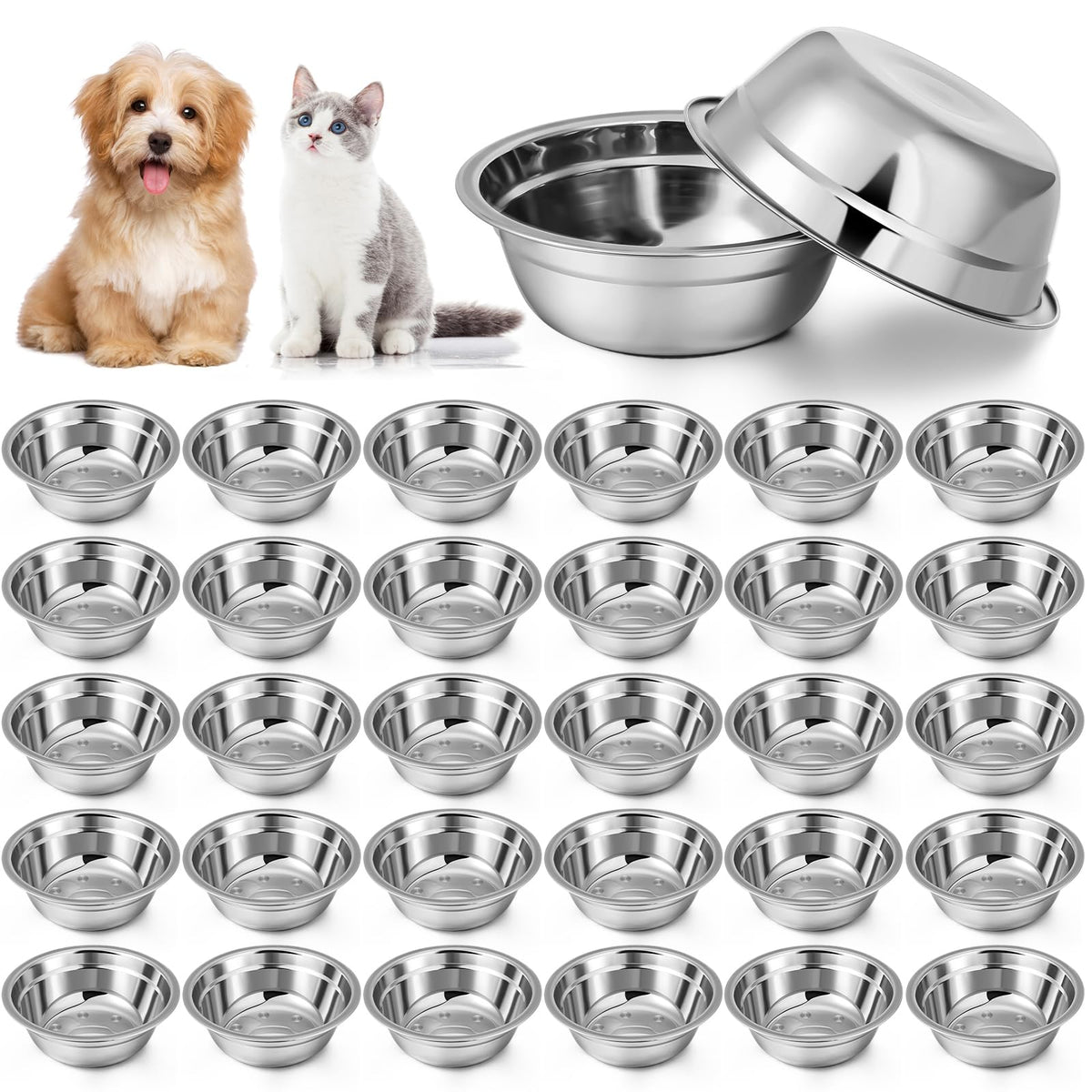 Zhehao 30 Pcs Dog Bowls Stainless Steel Bulk for Pet Puppy Cat, 10 oz