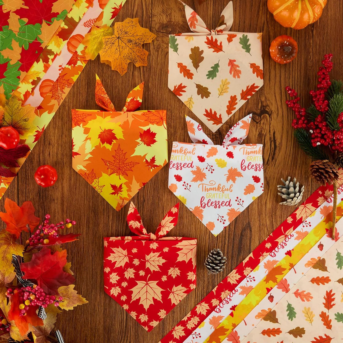 Preboun 100 Pcs Fall Dog Bandanas Bulk, Autumn Pumpkin Maple Leaves Pattern