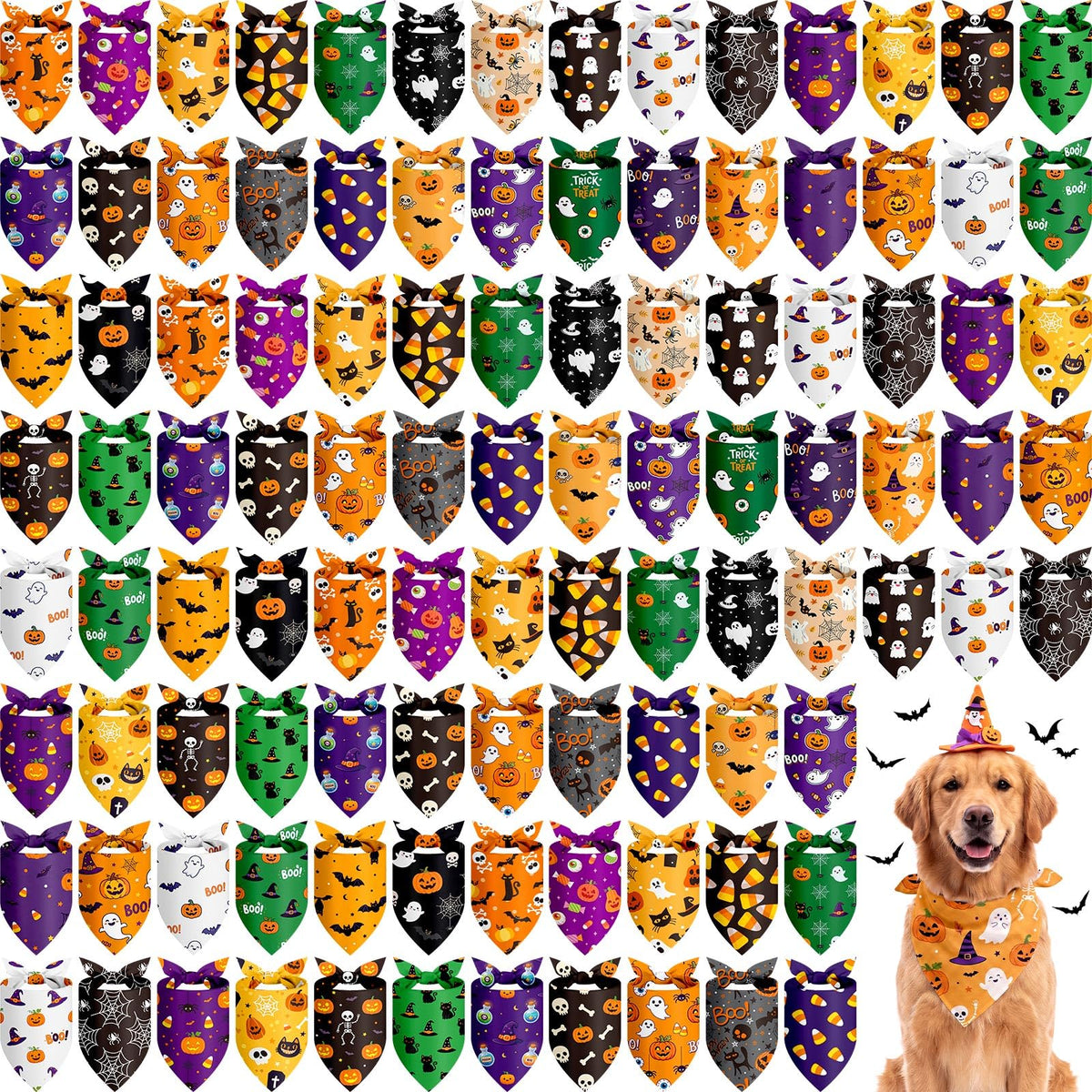 Chunful 120 Pcs Halloween Dog Bandanas Bulk for Charm Grooming Medium Pet