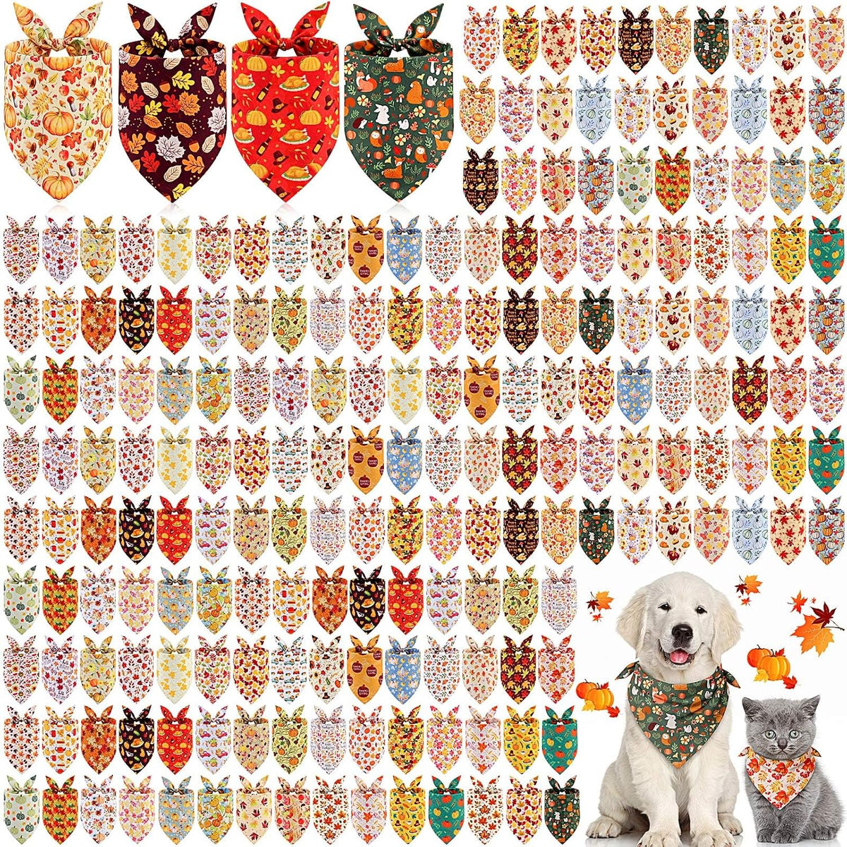 100 Pcs Fall & Thanksgiving Dog Bandanas Bulk with Holiday Sayings, Washable Adjustable Pet Triangle Scarf Bibs, Autumn Grooming Accessories for Small Medium Large Dogs Cats Costume Decor