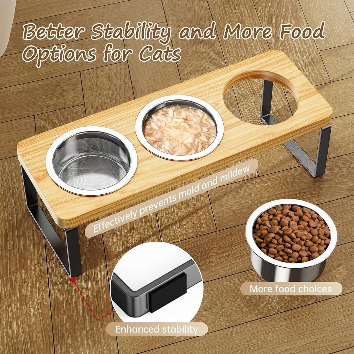 Elevated Cat Bowls with 3 Stainless Steel Bowls | 10° Tilted Anti-Vomiting Raised Cat Food Bowl for Small Cats and Puppies Pet Bowl with Stand