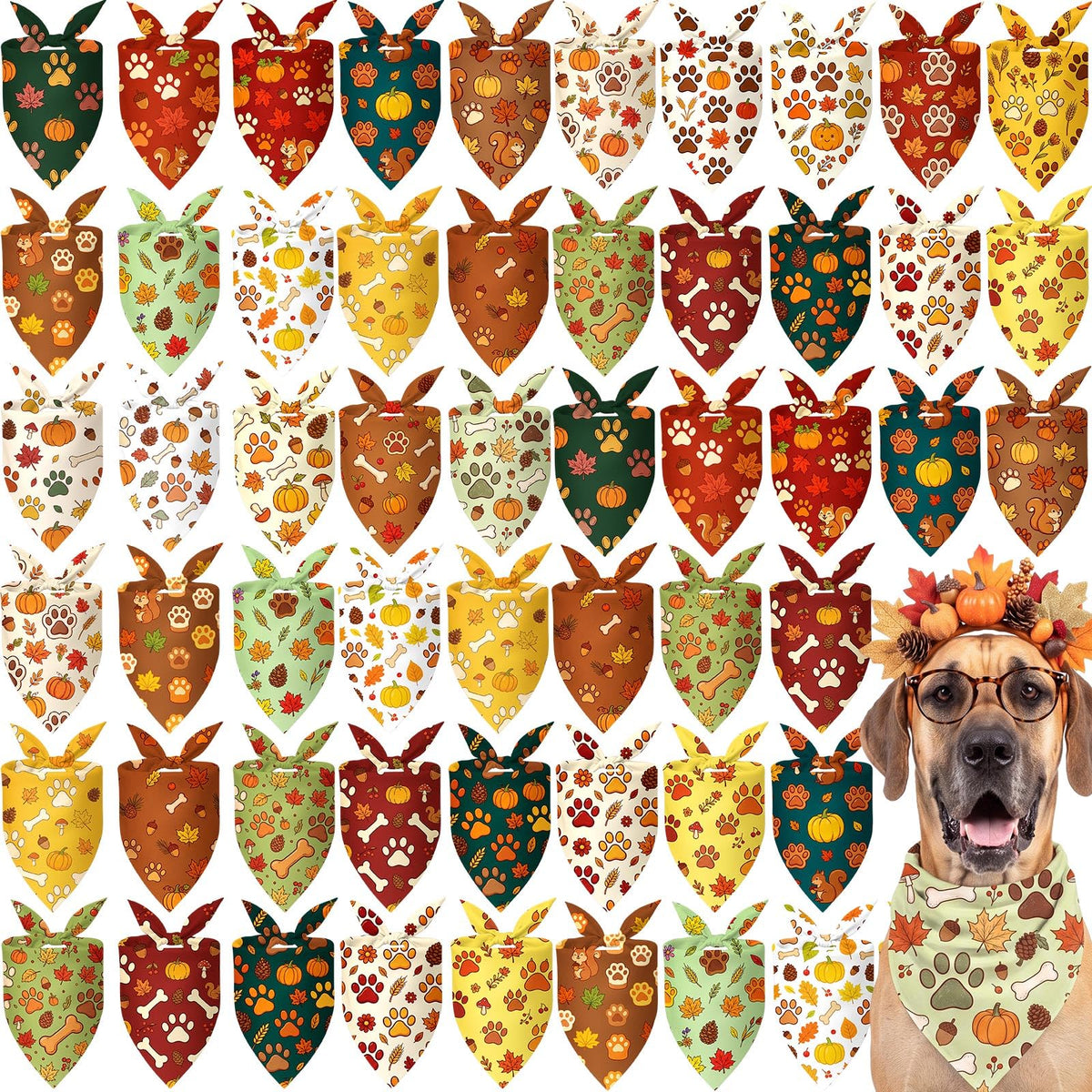 Preboun 50 Pcs Fall Dog Bandanas Bulk, Autumn Pumpkin Maple Leaves Pattern