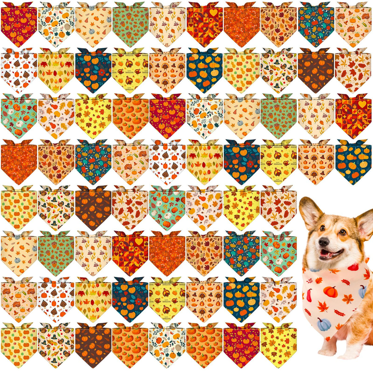 72 Pack Fall Dog Bandanas Bulk Autumn Triangle Pet Scarfs