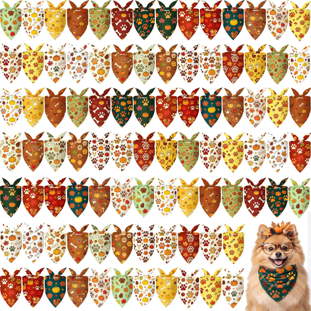 Preboun 100 Pcs Fall Dog Bandanas Bulk, Autumn Pumpkin Maple Leaves Pattern