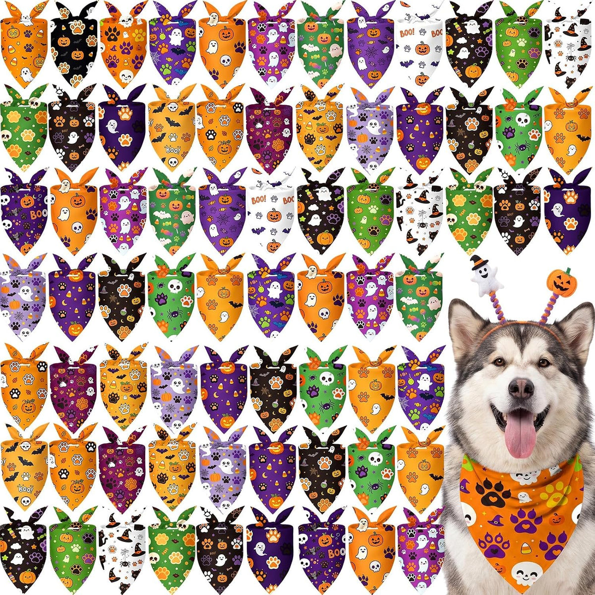 Abbylike 100 Pcs Halloween Dog Bandanas Bulk Cute Dog Paw Prints Pattern
