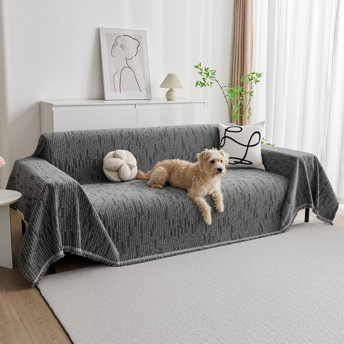 MYSKY HOME Couch Cover for Dogs, Washable Couch Covers, Non Slip Sofa Cover, Couch Cover 2 Cushion Sofa Dogs Furniture Protector with Tassels, Chenille Sofa Slipcover for Pets, 71"x118", Dark Grey