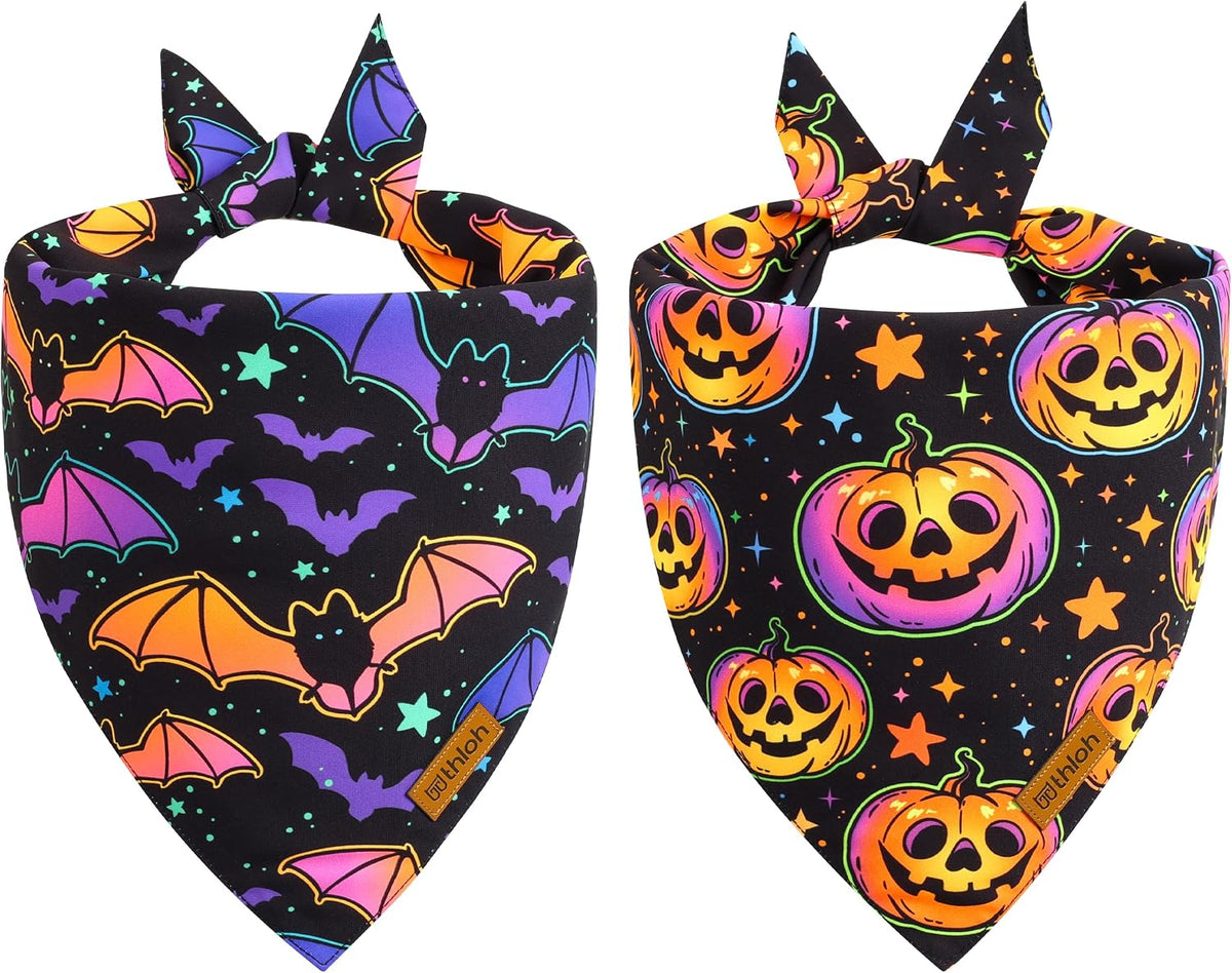 Halloween Dog Bandanas - 2 Pack Reversible Pumpkin and Bat Pet Scarf for Boys and Girls | Fall Dog Bibs | Premium Durable Fabric | Holiday Dog Bandana for Small and Medium Dogs (Small)