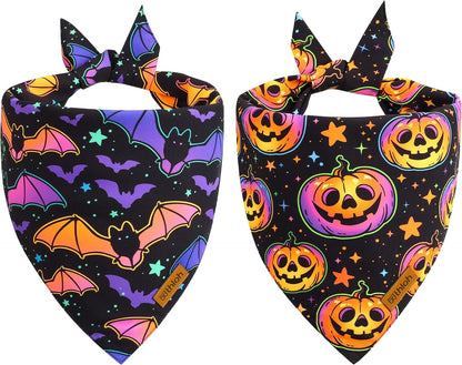 Halloween Dog Bandanas - 2 Pack Reversible Pumpkin and Bat Pet Scarf for Boys and Girls | Fall Dog Bibs | Premium Durable Fabric | Holiday Dog Bandana for Small and Medium Dogs (Small)