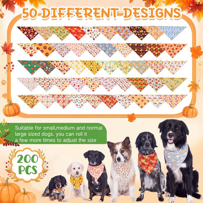 100 Pcs Fall & Thanksgiving Dog Bandanas Bulk with Holiday Sayings, Washable Adjustable Pet Triangle Scarf Bibs, Autumn Grooming Accessories for Small Medium Large Dogs Cats Costume Decor