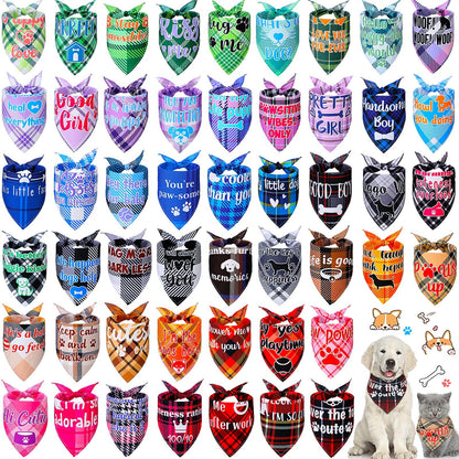 50 Pcs Plaid Dog Bandanas Bulk Cute Dog Scarf Bibs Puppy Pet Bandanas with Captions Adjustable Cat Outfit Washable Triangle Scarf Kerchief for Small to Medium Girl Boy pet(Cute)