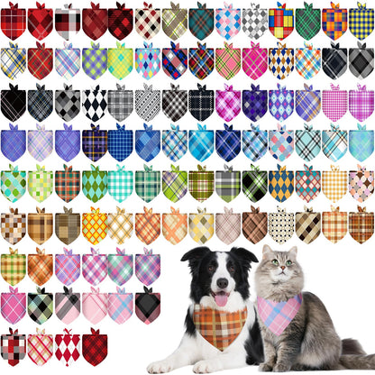 PAWCHIE Halloween Dog Bandanas 100 Packs, Holiday Bulk Pet Bibs Colorful Pet Triangle Scarf Pet Bandanas Plaid Festival Style for Small to Large Dogs Puppies Cats, Halloween & Thanksgiving & Christmas