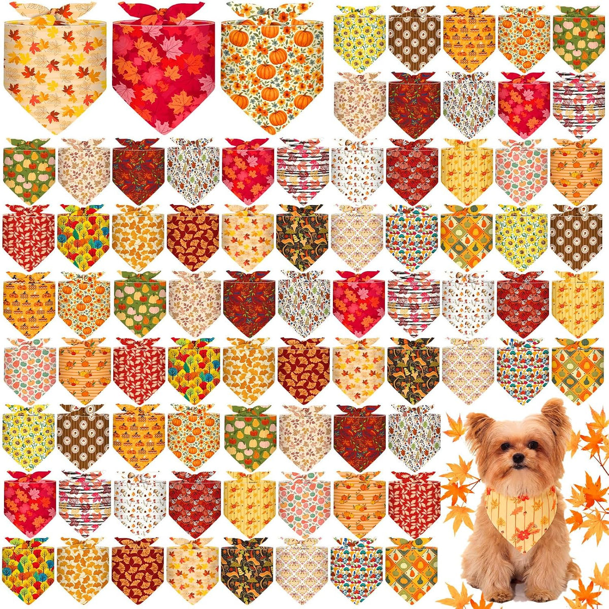 72 Pack Fall Dog Bandanas Bulk Autumn Triangle Pet Scarfs