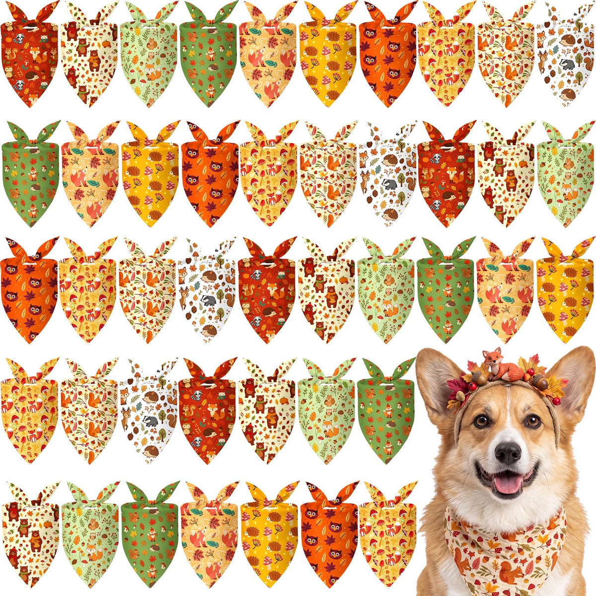 Weewooday 50 Pcs Fall Dog Bandanas Bulk for Autumn Pet Soft Bibs Adjustable Squirrel Fox Hedgehog Kerchief Bandana for Small Medium Large Grooming Accessories (Fall Animals, 25.6 x 17.7 x 17.7 Inch)