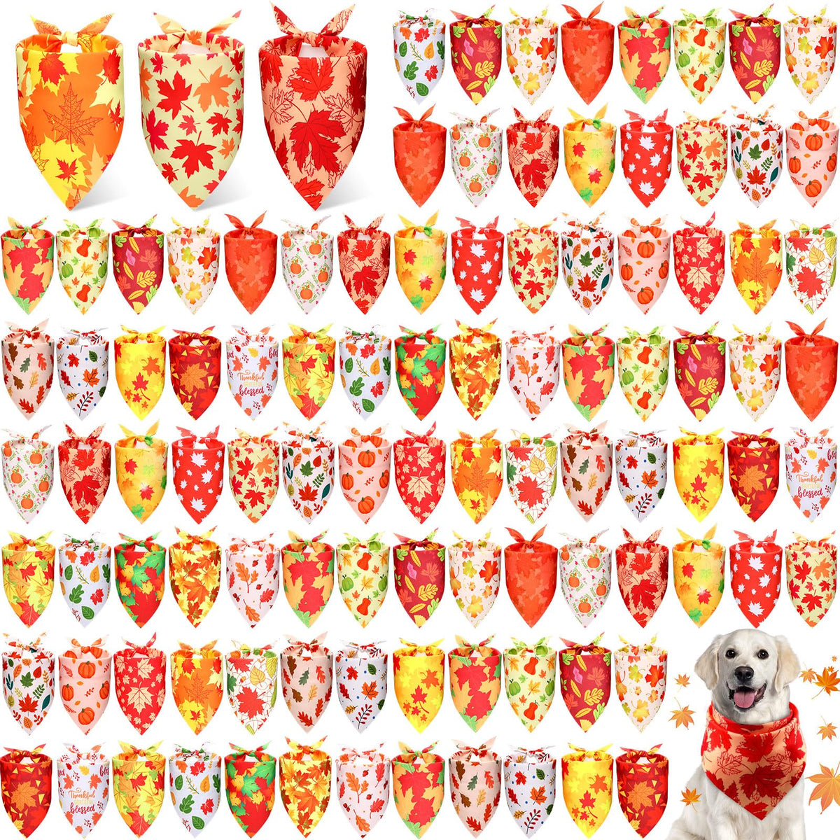 Preboun 100 Pcs Fall Dog Bandanas Bulk, Autumn Pumpkin Maple Leaves Pattern