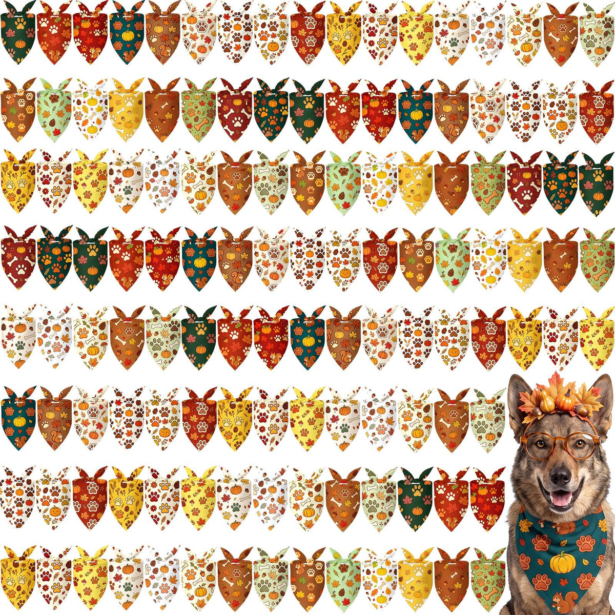 Preboun 100 Pcs Fall Dog Bandanas Bulk, Autumn Pumpkin Maple Leaves Pattern