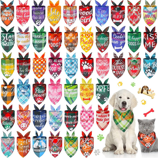 50 Pcs Plaid Dog Bandanas Bulk Cute Dog Scarf Bibs Puppy Pet Bandanas with Captions Adjustable Cat Outfit Washable Triangle Scarf Kerchief for Small to Medium Girl Boy pet(Cute)