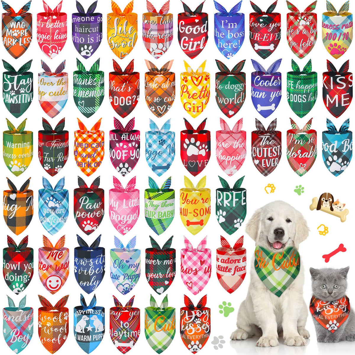 50 Pcs Plaid Dog Bandanas Bulk Cute Dog Scarf Bibs Puppy Pet Bandanas with Captions Adjustable Cat Outfit Washable Triangle Scarf Kerchief for Small to Medium Girl Boy pet(Cute)
