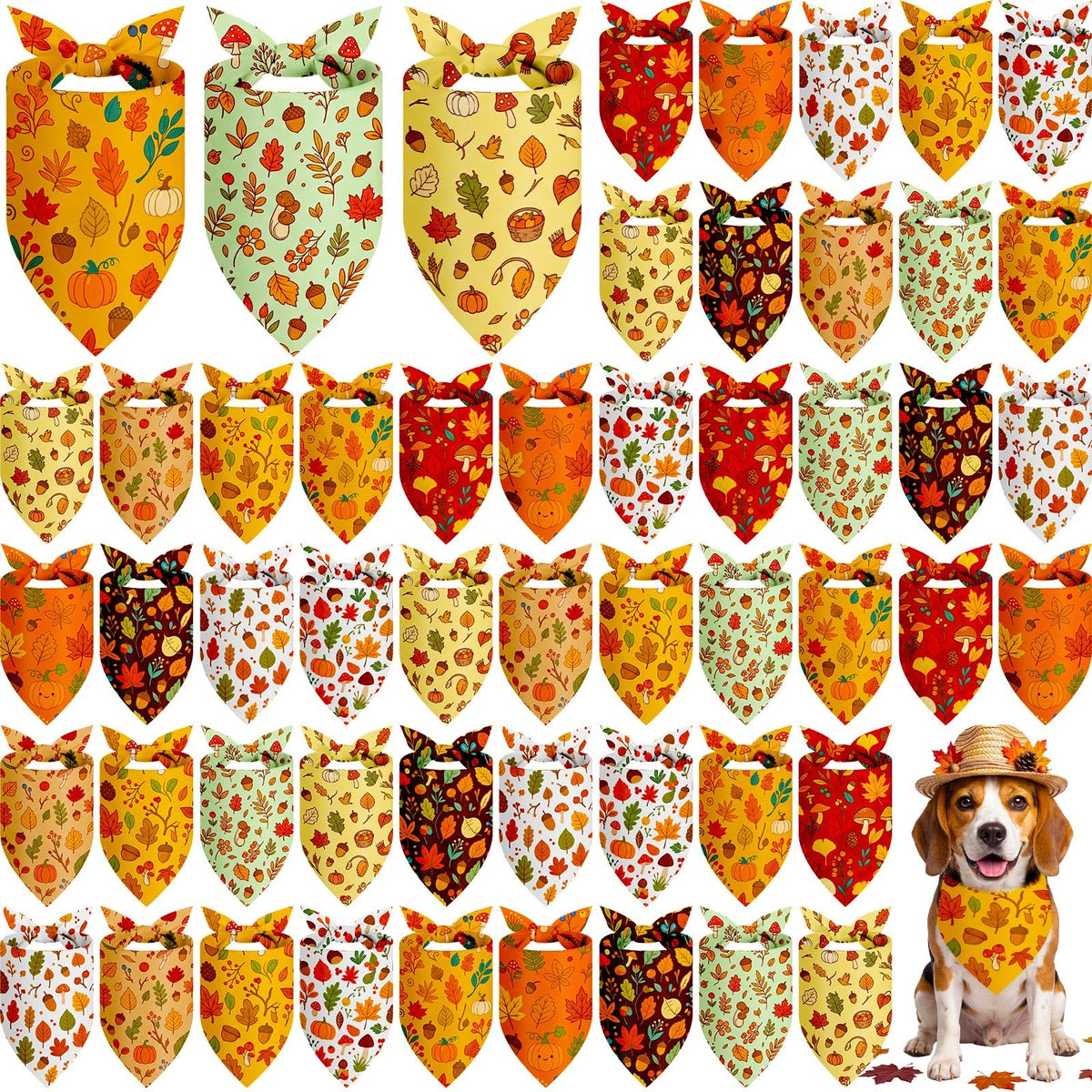 Weewooday 50 Pcs Fall Dog Bandanas Bulk for Autumn Pet Soft Bibs Adjustable Squirrel Fox Hedgehog Kerchief Bandana for Small Medium Large Grooming Accessories (Fall Animals, 25.6 x 17.7 x 17.7 Inch)