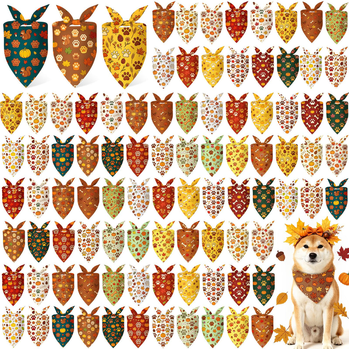 Preboun 100 Pcs Fall Dog Bandanas Bulk, Autumn Pumpkin Maple Leaves Pattern