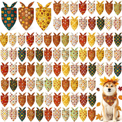 Preboun 100 Pcs Fall Dog Bandanas Bulk, Autumn Pumpkin Maple Leaves Pattern