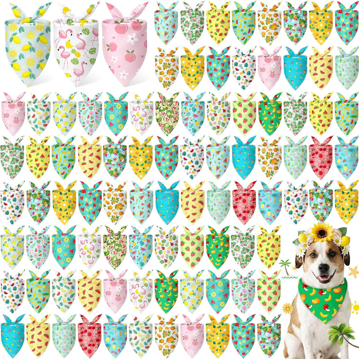 Abbylike 100 Pcs Summer Hawaiian Dog Bandanas Bulk, Tropical Fruits