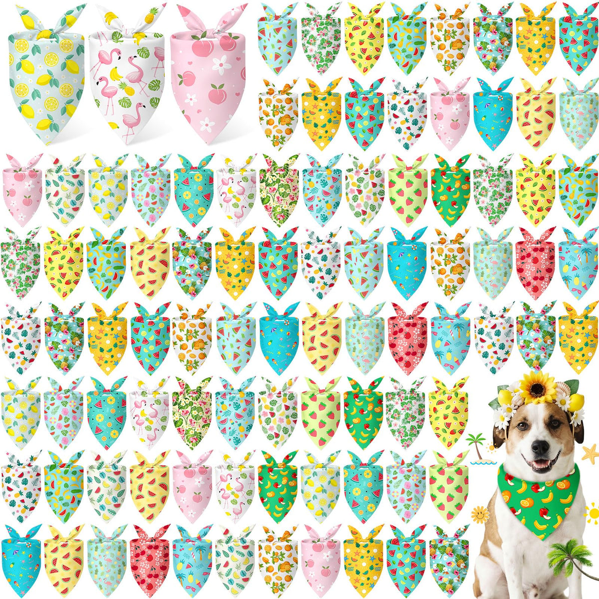 Abbylike 100 Pcs Summer Hawaiian Dog Bandanas Bulk, Tropical Fruits