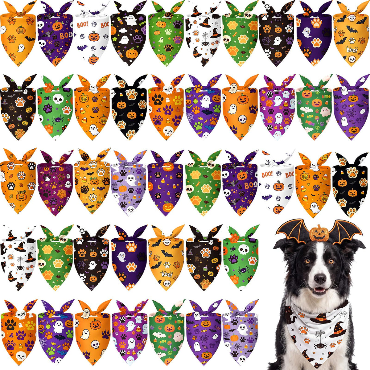Abbylike 50 Pcs Halloween Dog Bandanas Bulk, Pumpkin Ghost Bat Skull