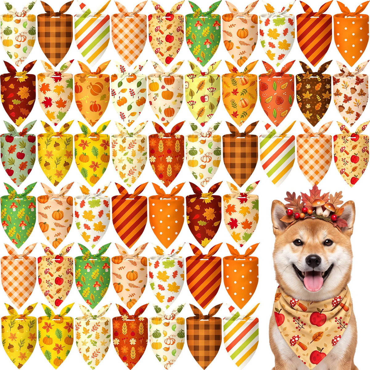 50 Pcs Fall Plaid Dog Bandanas Bulk Autumn Gingham Check Pattern