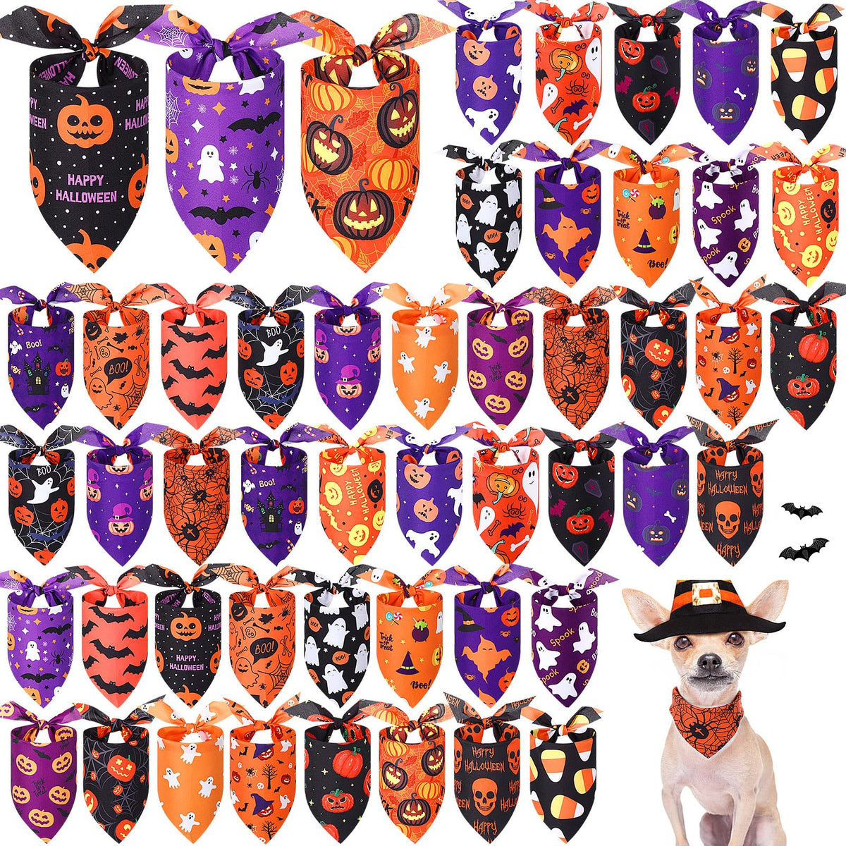 Abbylike 50 Pcs Halloween Dog Bandanas Bulk, Pumpkin Ghost Bat Skull